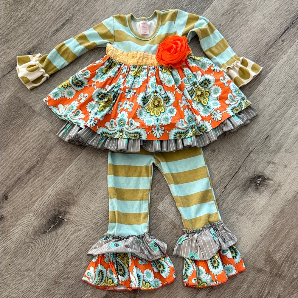 Giggle Moon Striped 2 Piece Outfit with Orange Accent